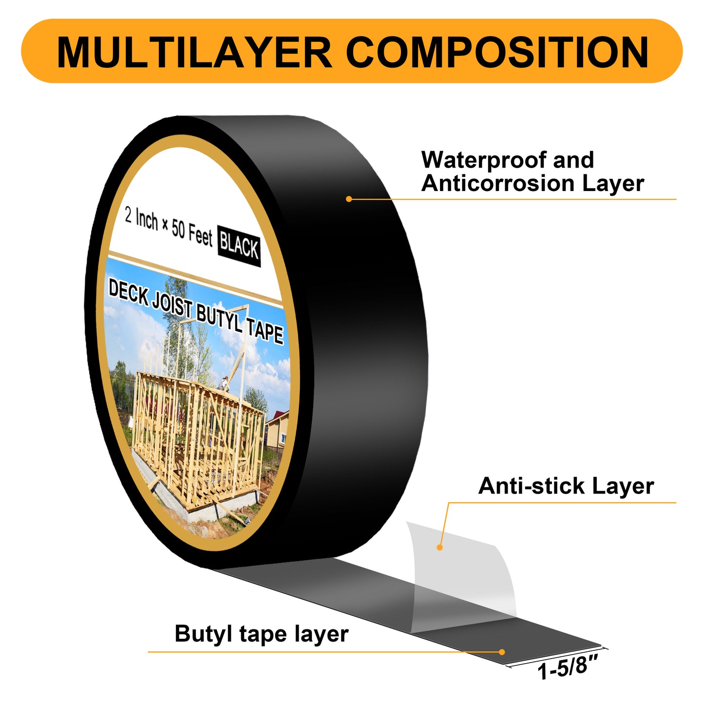 Joist Tape for Decking 2'' X 50', 8 Rolls Weatherproof Butyl Tape for Wood Decks Beams Roof, Flashing Tape Anti-Corrosion Weather Resistant Black Deck Joist Tape Outdoor Patio Repair